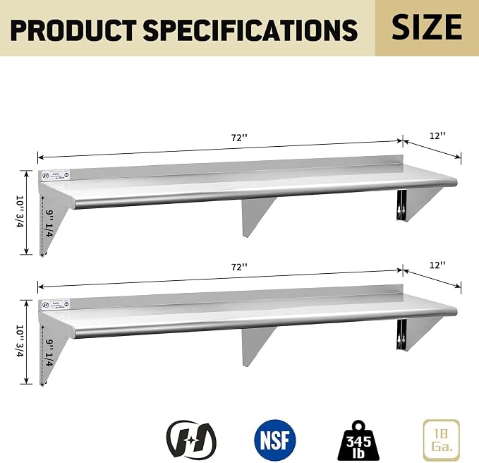 Hally Stainless Steel Shelf Wall Mounted Metal Shelf Wall Shelf 12 x 72 NSF - Image 3