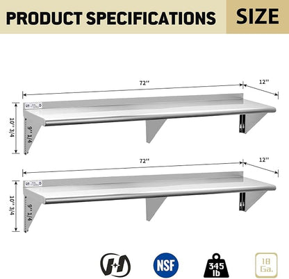 Hally Stainless Steel Shelf Wall Mounted Metal Shelf Wall Shelf 12 x 72 NSF - Image 3