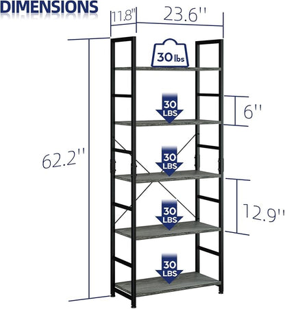 NUMENN 5 Tier Bookshelf, Tall Freestanding Open Storage Bookcase, Dark Grey | - Image 3