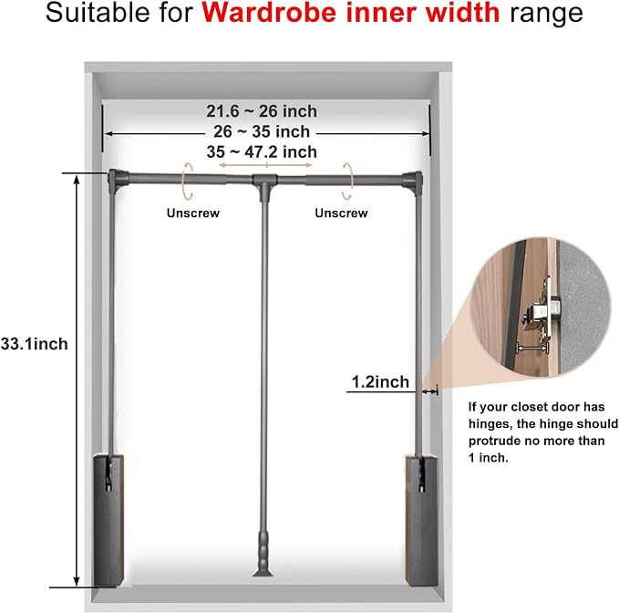 Pull Down Closet Rod for Hanging Clothes, Retractable Wardrobe Hanger for - Image 5