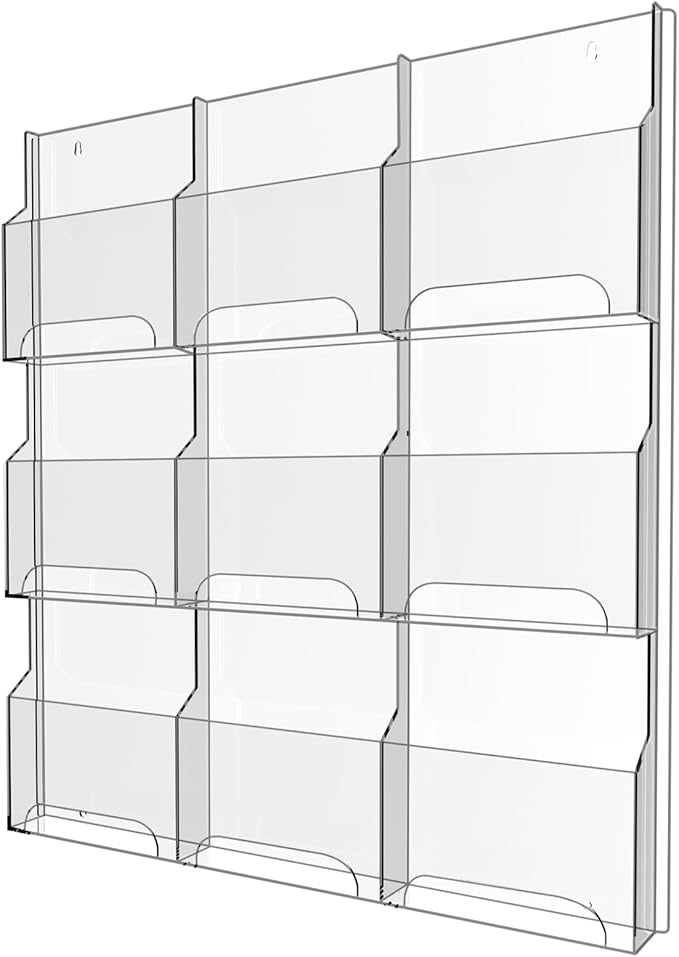 Acrylic Brochure Pamphlet Holder, 9 Magazine Holders, Trifold Flyer Rack by Nalwort