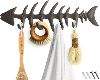 Comfify Rust Brown Fish Bones Cast Iron Wall Hook Rack – 4 Hooks, Screws | Rust by Comfify