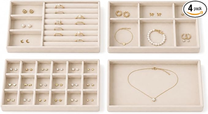 4 Pack Stackable Jewelry Organizer Tray Set by FIFILLION