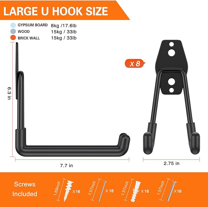 Heavy Duty Garage Hooks 8 Pack, 7.7 inch U Shaped Long Hanger, Wall Mounted - Image 2