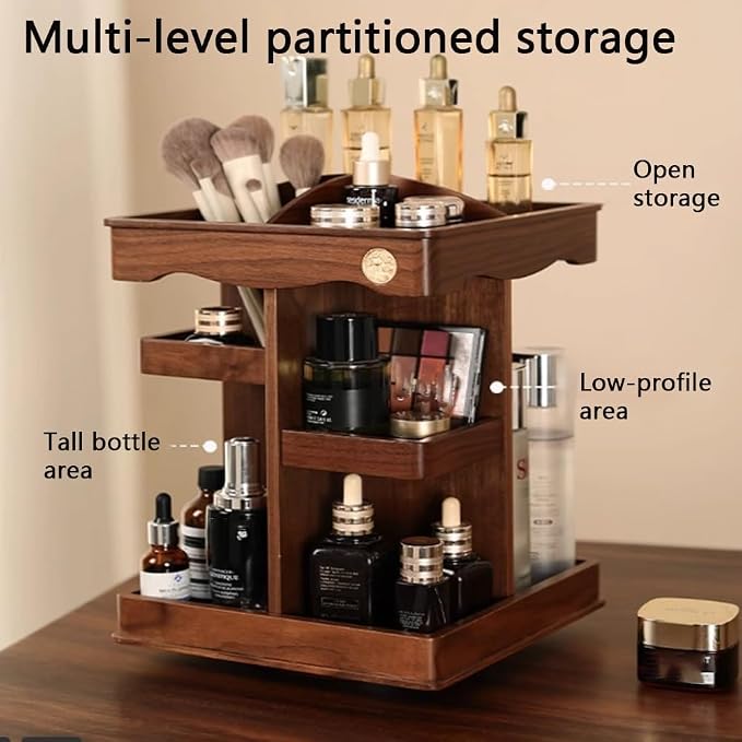 360° Rotating Makeup Organizer, Spining Adjustable Wooden Vanity Storage - Image 4