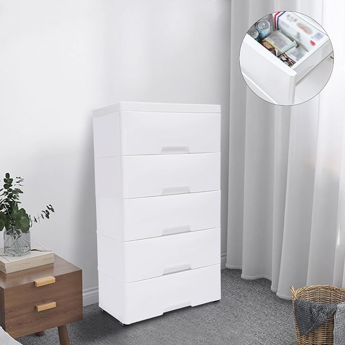 5 Tier 5 Drawer Plastic Storage Cabinet White Home Vertical Stackable Clothes - Image 2