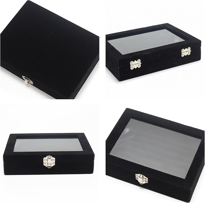 Small Velvet Jewelry Tray with Clear Lid, 8 Rolls Black | Lockable Ring Earring - Image 4