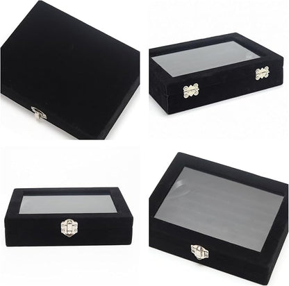 Small Velvet Jewelry Tray with Clear Lid, 8 Rolls Black | Lockable Ring Earring - Image 4