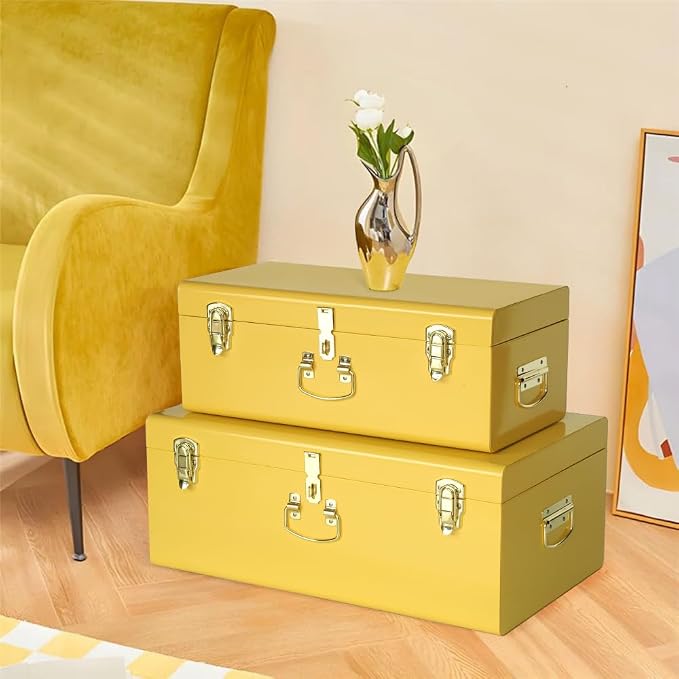 Vixdonos Storage Trunk Chest Decorative Large Metal Box Set of 2 College Dorm - Image 4