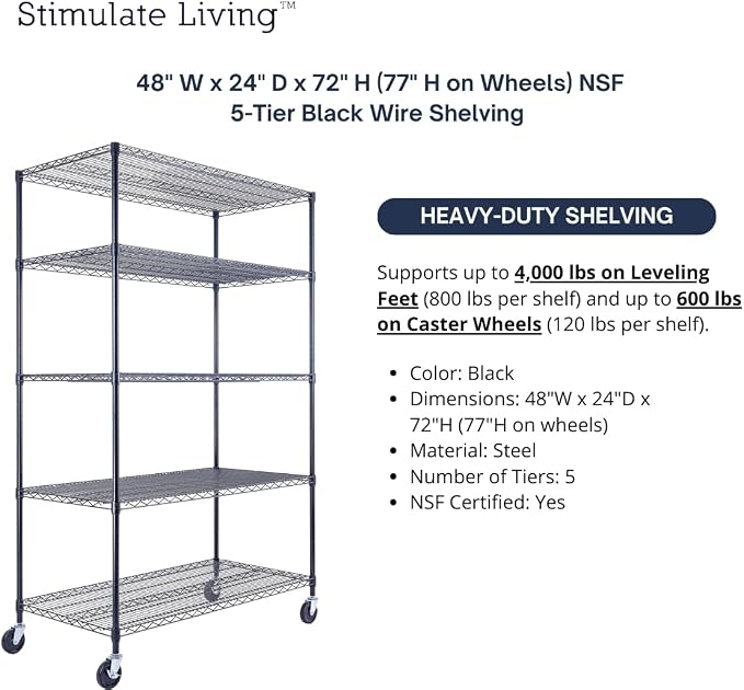 48"x24"x72" Prime Heavy Duty Black 5-Tier Steel Wire Shelving NSF 4000 LBS MAX - Image 4
