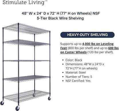 48"x24"x72" Prime Heavy Duty Black 5-Tier Steel Wire Shelving NSF 4000 LBS MAX - Image 4