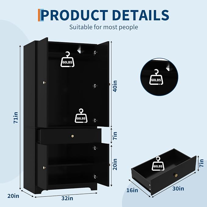 71" Armoire Wardrobe Closet, Bedroom Armoire Clothing Storage Cabinet | 1 - Image 2