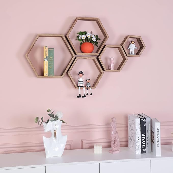 Hexagon Shelves, Floating Wall Shelf, Honeycomb Octagon Cube Shelves Wood | - Image 2