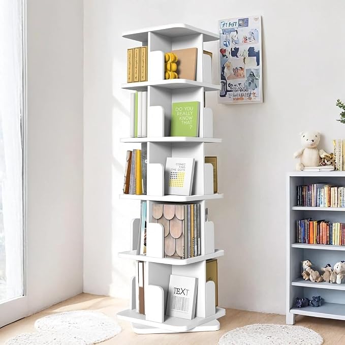 MHOM White Rotating Bookshelf, 360 Display 5 Tier Rotating Bookshelf Tower by MHOM