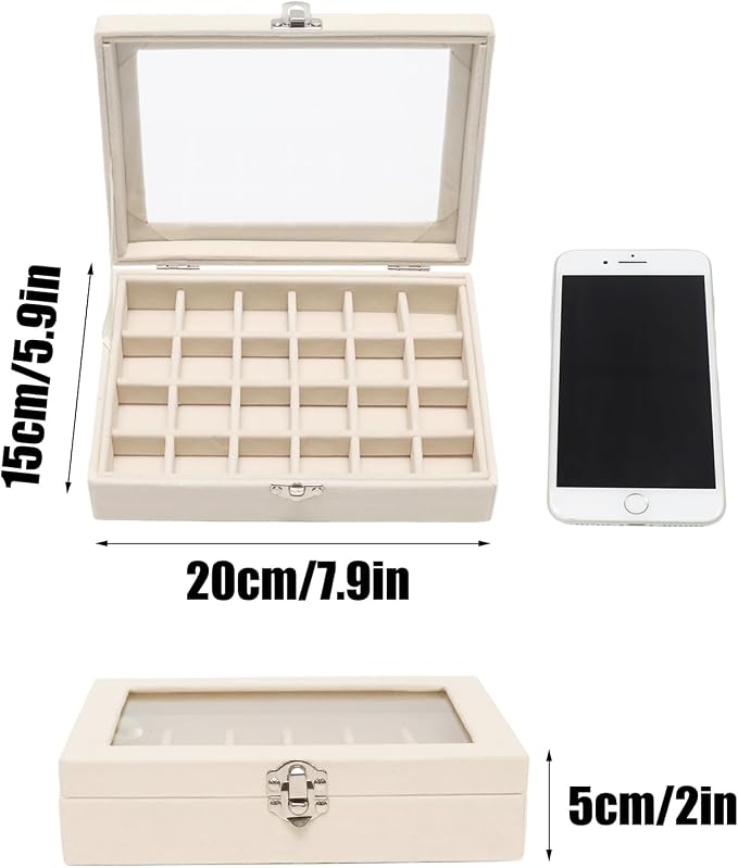 Small Velvet Jewelry Tray with Clear Lid, 24 Grids Beige | Lockable Ring - Image 2