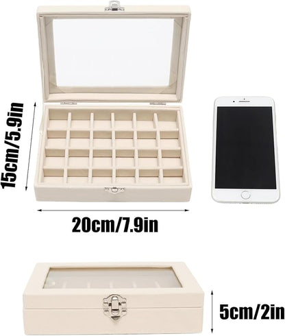 Small Velvet Jewelry Tray with Clear Lid, 24 Grids Beige | Lockable Ring - Image 2