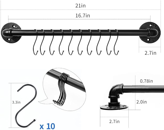 Industrial Pipe Pot Pan Rack 21", Wall mount Pot hangers Pan Hanging Rail Lid - Image 2