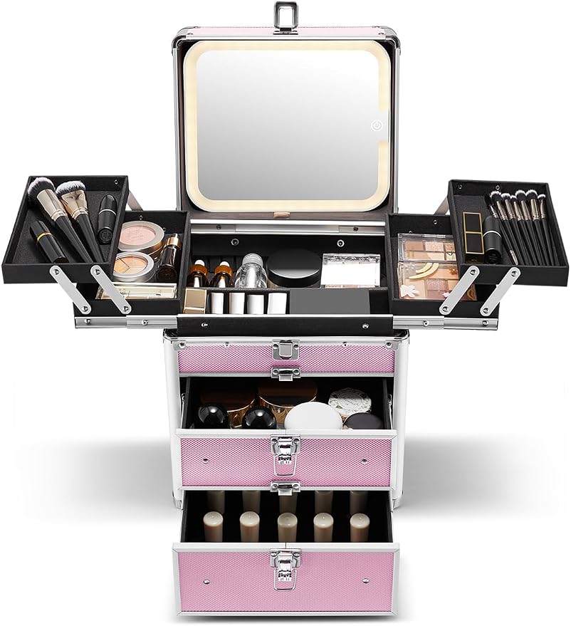 Qislee Makeup Box with Double Drawers and Four Trays, A Detachable Lighted by Qislee