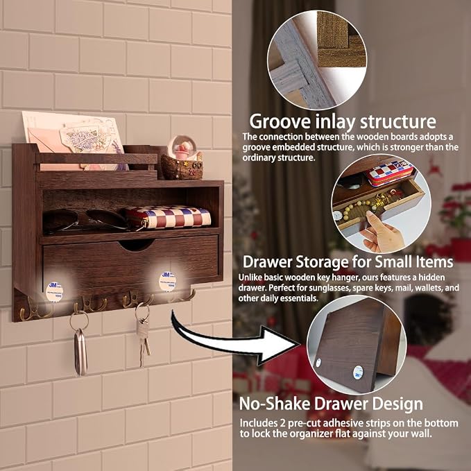 Key and Mail Holder for Wall, Wooden Key and Mail Organizer - Image 3