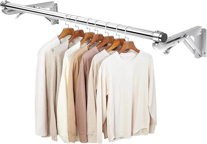 Foldable Wall Mounted Clothes Rack-30'' Long Rod&2 Thick Bases, Stainless Steel by TBMLC