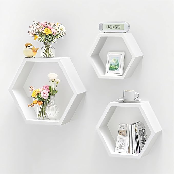 ZGZD Set of 3 White Wooden Hexagon Wall Shelves by ZGZD