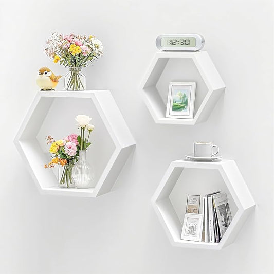 ZGZD Set of 3 White Wooden Hexagon Wall Shelves by ZGZD