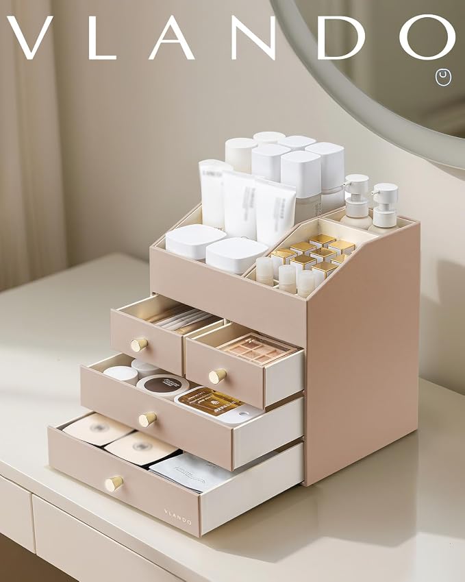 Vlando Makeup Organizer Countertop, Large Vanity Organizer PU Leather Make up - Image 8