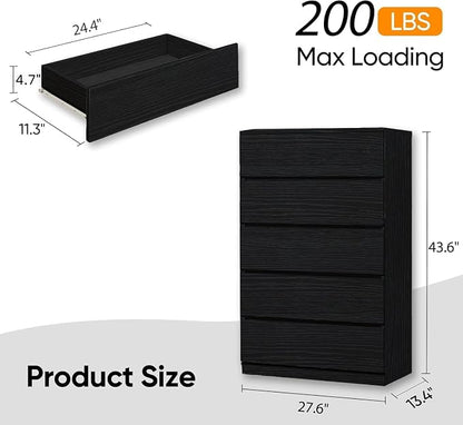 furtble 5 Drawer Dresser, 43.6" Tall Black Dressers - Image 3