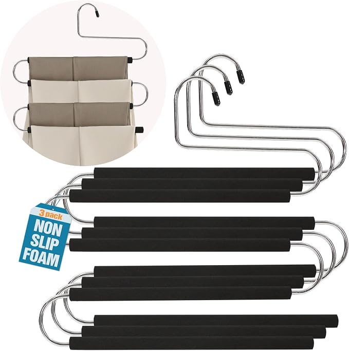 Multiple Space Saving Non Slip Foam Padded Pants Hangers 4 Tier Steel Open by ICOFUPO