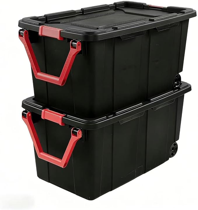 40-gallon wheeled plastic storage boxes by Unknown
