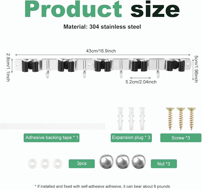 5 Pack Broom Holder Wall Mount 5 Racks 4 Hooks Stainless Steel Broom Mop Holder - Image 3