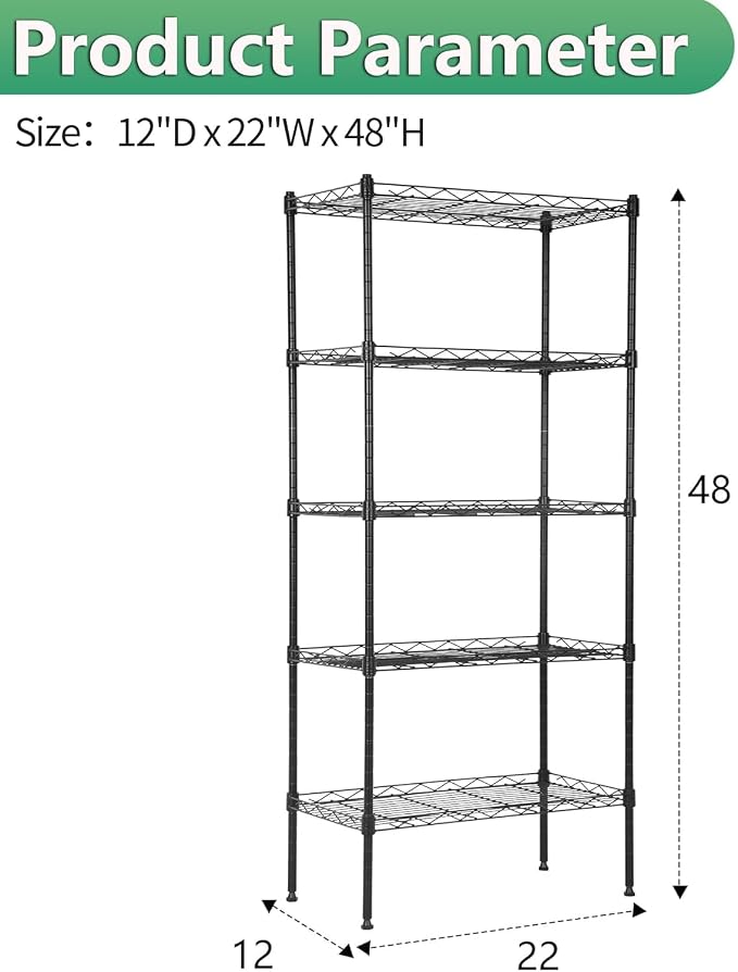 BestOffice | 5-Tier Wire Shelf | 22" x 12" x 48" | Black | Storage Shelves - Image 3