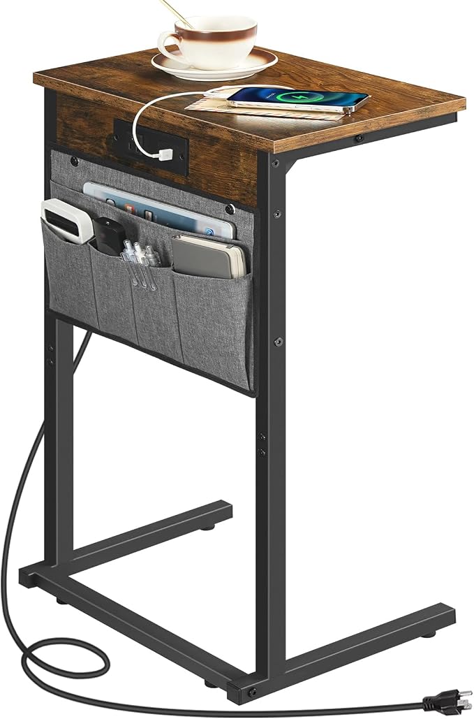 HOOBRO C Shaped End Table with Charging Station, Sofa Arm Tray Table with by HOOBRO