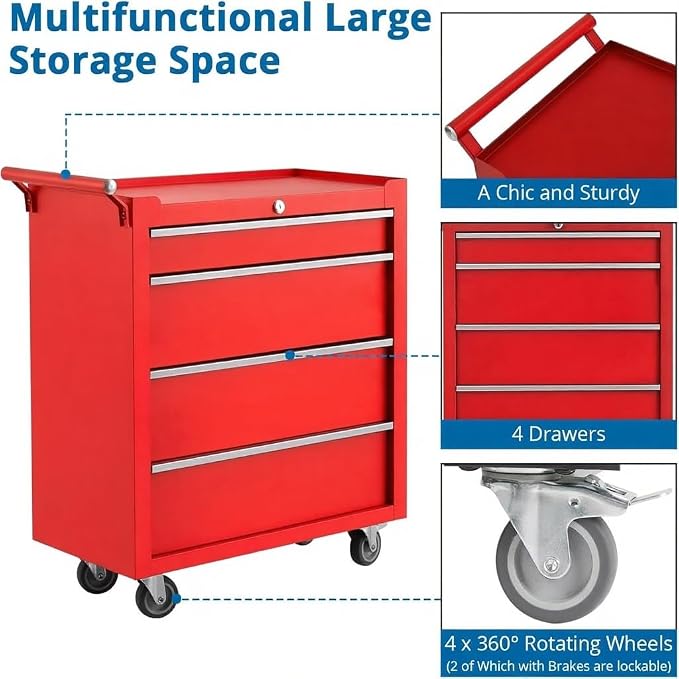 IDEALHOUSE Rolling Tool Chest, 4 Drawers Tool Storage Cabinet, Toolbox - Image 4