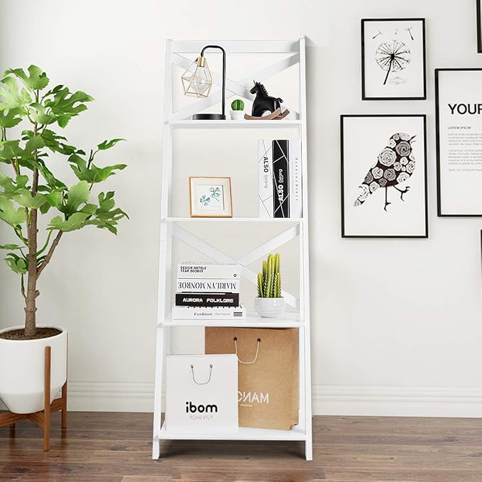 Tangkula 4-Tier Ladder Shelf Bookcase Leaning Free Standing Wooden Frame Decor - Image 4