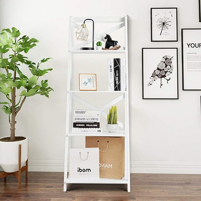 Tangkula 4-Tier Ladder Shelf Bookcase Leaning Free Standing Wooden Frame Decor - Image 4