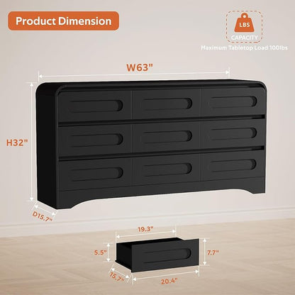 Dresser for Bedroom with 9 Drawers, Wood Closet Clothes Storage Long Dressers - Image 2