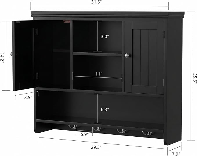 Bathroom Wall Cabinet with Doors and Hooks, 3-Tier Wall Mounted Cabinet | - Image 3