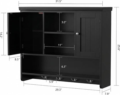 Bathroom Wall Cabinet with Doors and Hooks, 3-Tier Wall Mounted Cabinet | - Image 3