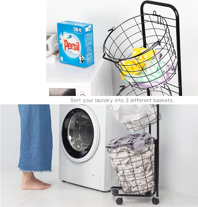 3 Tier Rolling Laundry Hamper, Metal Sorter Storage Trolley Shelf, - Image 3