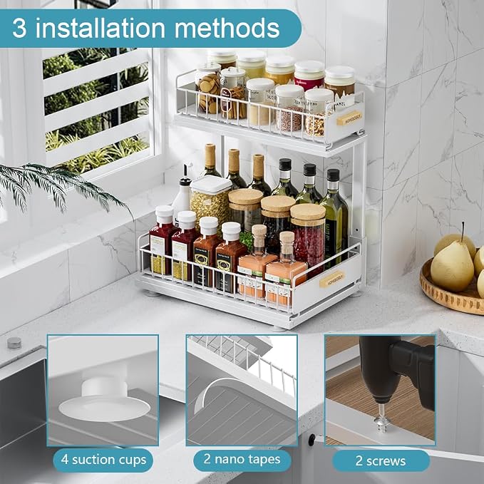 Under Sink Organizer Kitchen, Pull Out Cabinet Organizer 2 Tier Slide Out Sink - Image 2