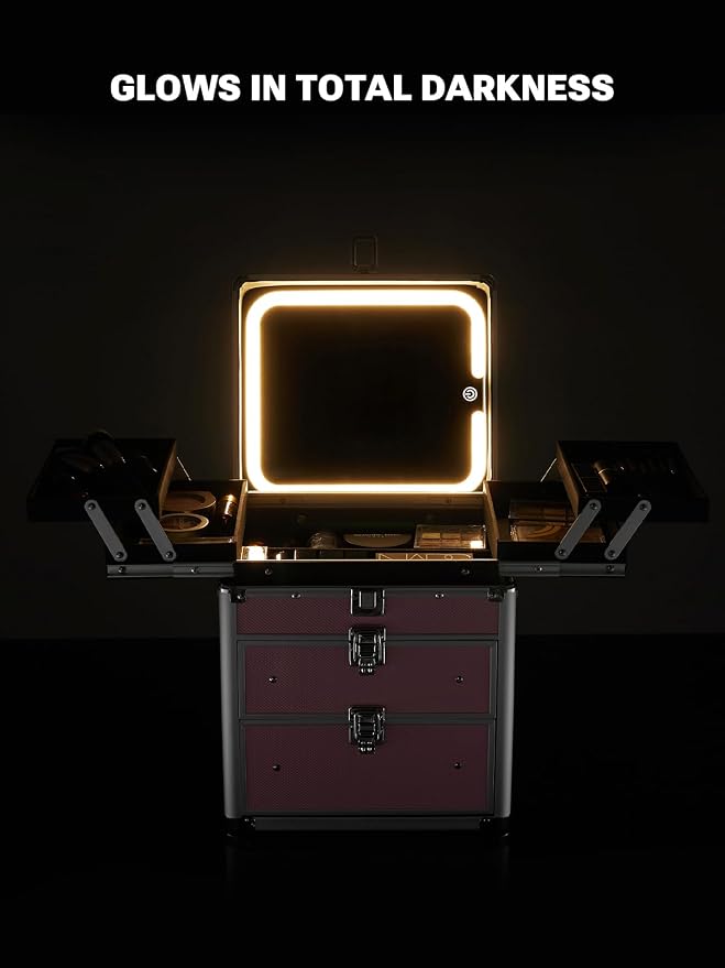 Qislee Makeup Box with Double Drawers and Four Trays, Detachable Lighted Mirror - Image 8