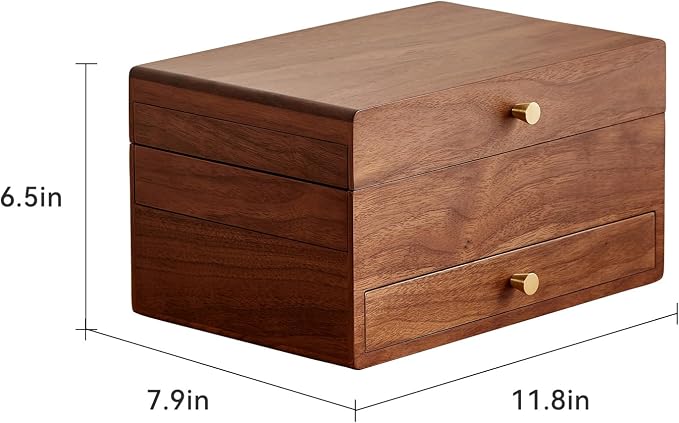 Wooden Jewelry Box for Women, 3 Level Multi-functional Drawers Black Walnut - Image 5