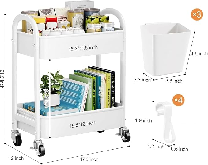 2 Tier Rolling Cart Metal with Wheels, Two Tiered Short Shelf Trolley, Small - Image 6