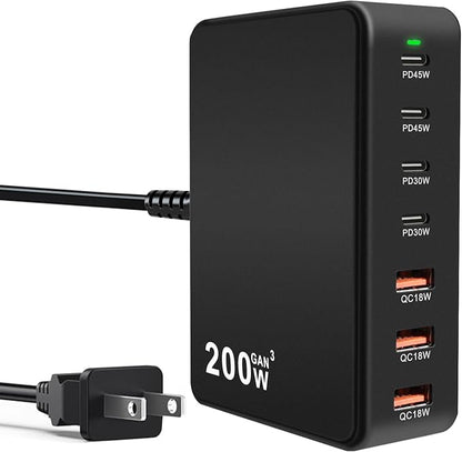USB C Charger Charging Station 200W 7-Port GaN Fast Charging Block PD 3.0 TypeC by FRISATPOW