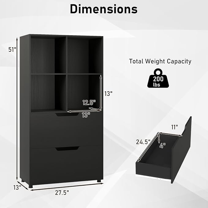 Giantex Bookshelf with 4 Cubes & 2 Drawers, 51” Tall Floor Bookcase with - Image 3