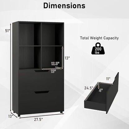 Giantex Bookshelf with 4 Cubes & 2 Drawers, 51” Tall Floor Bookcase with - Image 3