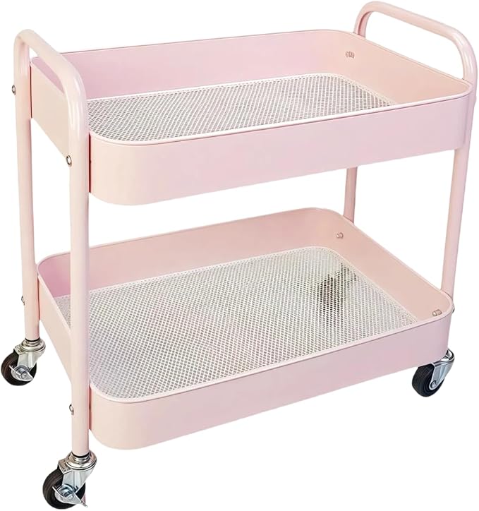 2 Tier Pink Rolling Cart with Wheels by LIWNYRK