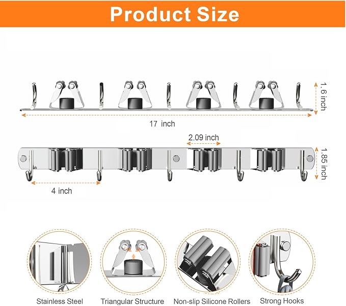 Mop and Broom Holder Wall Mount, Upgraded Broom Organizer Wall Mount, Stainless - Image 5