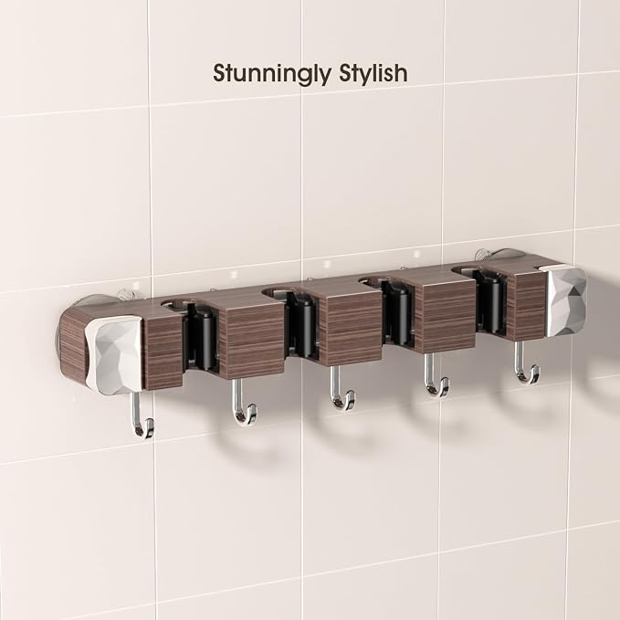 Suction Cup No Drilling Broom Holder Wall Mount, Walnut Color Mop Organizer - Image 6